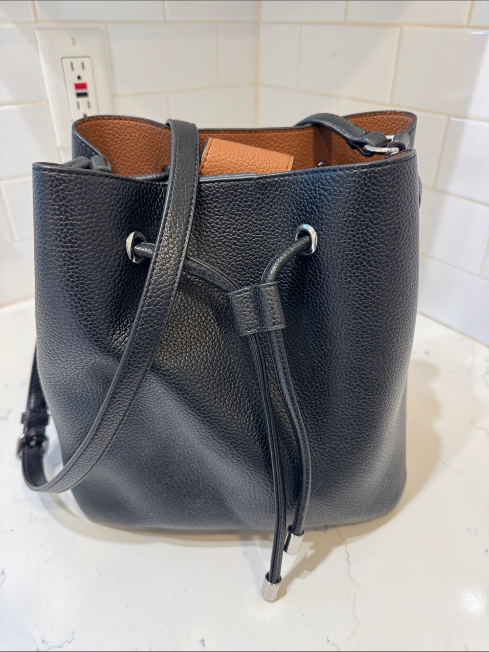 Calvin Klein Black Pebbled Leather Drawstring Bucket Shoulder Bag